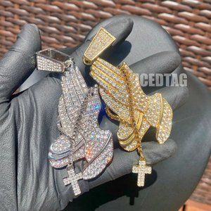 Iced Out Bling Gold Plated Religious Praying Hand Beaded Cross Pendant Charm